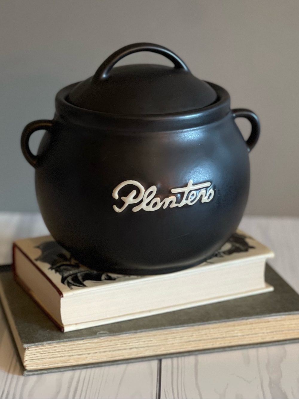 Vintage Black Ceramic Planters Caldron Jar with Lid